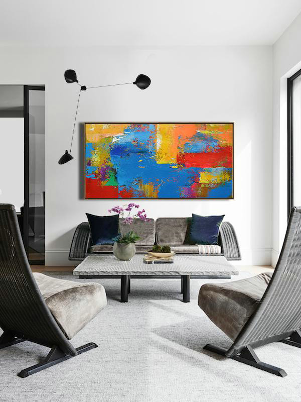 Extra Large Canvas Art,Horizontal Palette Knife Contemporary Art Panoramic Canvas Painting,Art Work,Blue,Yellow,Orange,Red.etc